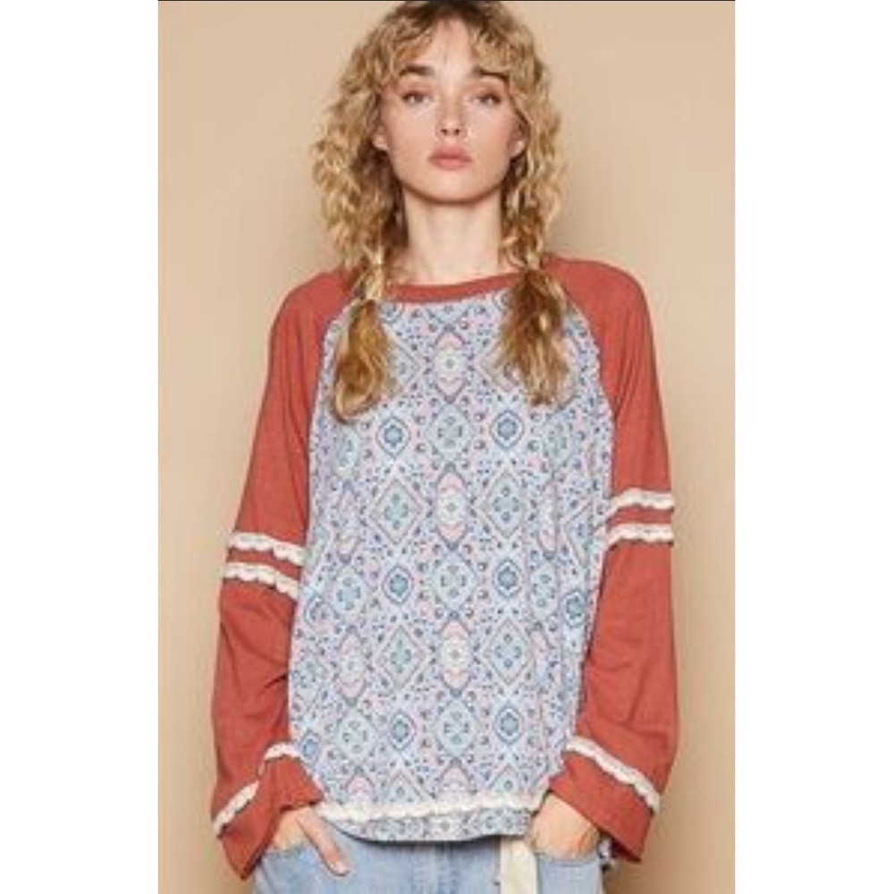 POL Boho Western Folk Paisley Lace Trim Top Wanderlust Small Hippie Festival